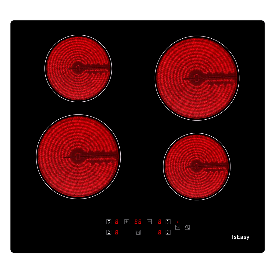 IsEasy 23" Glass Ceramic Hob, 6000W, 4 Cooking Zones, Built-in, Frameless, 9 Heat Settings, Compatible with Most Pots